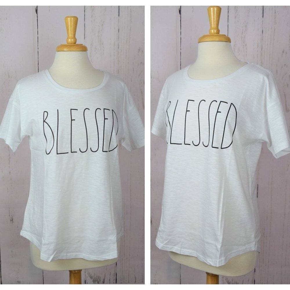 Rae Dunn "Blessed" White T-Shirt Graphic Tee Cotton Women's XS NWT - Picture 2 of 6